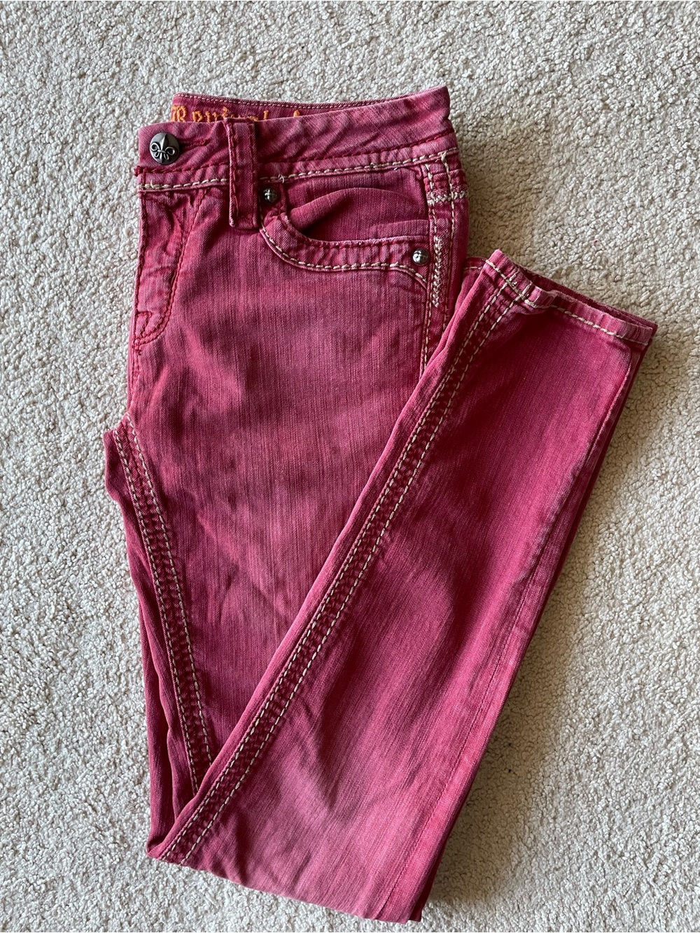 Rock Revival Ashley Skinny Jeans Button Detail Red Orange Washed Women Size 28